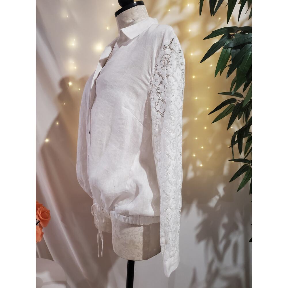 J Jill Love Linen Shell Button Tie Hem Blouse Top Womens Size M White Coastal - Picture 2 of 10